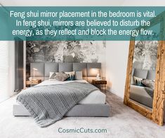 a bed room with a large mirror next to it and a quote about being comfortable