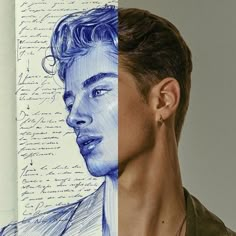 a man's face is next to a drawing of his name on the page