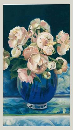 a painting of pink roses in a blue vase