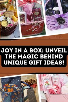 a collage of photos with the words joy in a box unveil the magic behind unique gift ideas