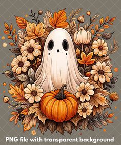 a ghost surrounded by flowers and pumpkins with the words png file with transparent background