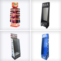 four different types of display cases for sodas and juice bottles, each with their own logo