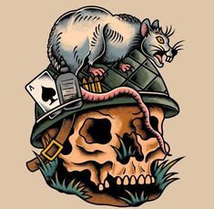 a mouse sitting on top of a human skull wearing a hat and holding a cell phone