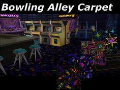 the bowling alley carpet is brightly colored and has neon lights on it, as well as an arcade machine