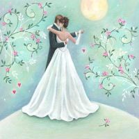 a painting of a bride and groom kissing