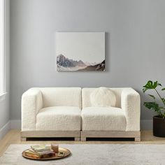 a living room with a white couch and potted plant on the floor next to it