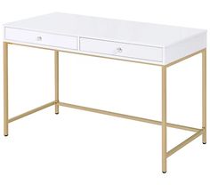 a white and gold desk with two drawers on the bottom, against a white background