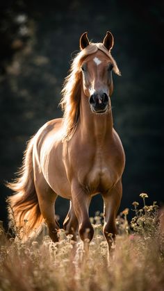 a brown horse with long hair running through tall grass in the sunlit forest area