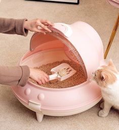 a person feeding a cat out of a pink litter box