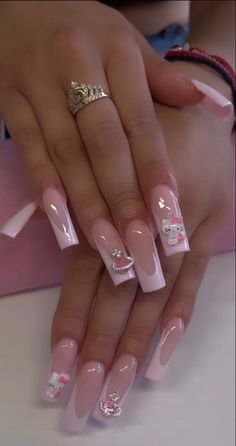 Paznokcie Hello Kitty, Long Acrylic Nail Designs, Hello Kitty Nails, Long Square Acrylic Nails, Unique Acrylic Nails