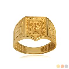 Gold Jewish Chai Star Of David Menorah Beaded Ring Factory Direct Jewelry R6314 Experience the timeless elegance and deep cultural heritage with this exquisite ring, featuring the iconic symbols of the Jewish faith: the Chai, Star of David, and Menorah. Each symbol on this piece represents significant tenets of life, faith, and tradition. The Chai symbolizes life and living, the Star of David stands as a beacon of divine protection and identity, while the Menorah represents enlightenment and the enduring spirit of the Jewish people.Crafted with meticulous attention to detail, this beaded ring is not only a stunning piece of jewelry but also a wearable testament to heritage and faith. It's perfect for religious celebrations, as a thoughtful gift, or for everyday wear to keep your beliefs cl Jewish Ring, Divine Protection, Iconic Symbols, Beaded Ring, Jewish People, Ring Stand, Menorah, Star Of David, Cultural Heritage