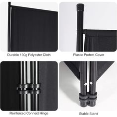 four different types of black privacy screens with text describing the various options for each piece