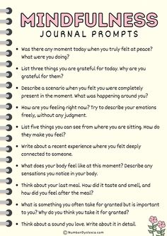 Explore inner peace and self-reflection with our printable lists of 100 Mindfulness Journal Prompts PDF. Designed for teens, kids, and adults alike, these prompts encourage mindfulness, gratitude, and introspection. Perfect for starting your day with intention or winding down in the evening, these prompts offer meaningful ways to cultivate mindfulness and enhance well-being. #mindfulness #journalprompts #selfreflection #mindfulnesstips #mentalhealth #selfcare #dailyjournal #gratitudejournal Mirror Therapy Activity, Therapy Activities With Teens, Mindfulness Activities For Adults Groups, Grounding Activities, Mindfulness Workshop, Mindfulness Activities For Adults, Mindfulness Jar, Types Of Journaling, Journal Prompts For Teens