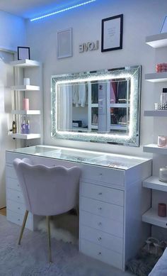 a white desk with a mirror on top of it