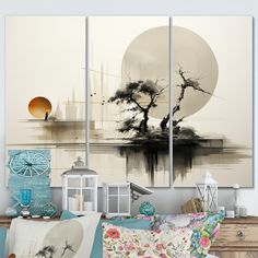 three paintings are hanging on the wall above a bed in a room with furniture and decor