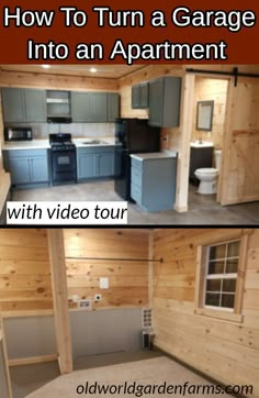 two pictures showing how to turn a garage into an apartment with video tour in the background