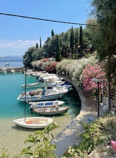 several boats are docked in the clear blue water