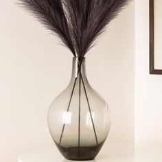 a vase with some black feathers in it on a white table next to a mirror