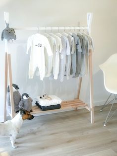 a dog standing in front of a clothes rack