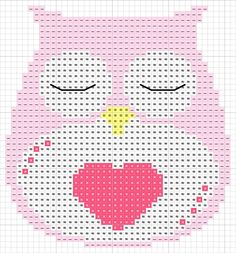 a cross stitch owl with a heart in it's eyes