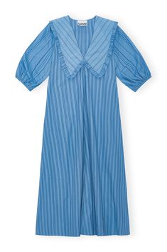 Silver Lake Blue Re-cut Striped Cotton V-Neck Maxi Dress | GANNI US Ganni Dress, Frill Collar, Icon Shoes, Fun Pants, Size 8 Women, Silver Lake, Tshirt Skirt, Silver Dress, Shirt Skirt