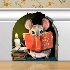 a painting of a mouse reading a book with a lit candle in front of it