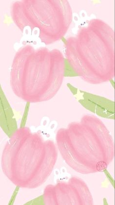 pink tulips with green leaves and white flowers on a light pink background in pastel colors