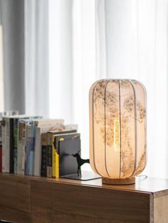 a lamp sitting on top of a wooden table next to a book shelf filled with books