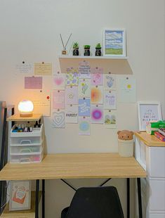 a desk with some pictures on the wall