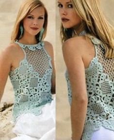 two pictures of a woman wearing a top with crochet on the front and back