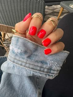 Bright Coral Red Nails, Red Nails Outfit Summer, Opi She Went On And On And On, Red Beach Nails Summer, Vibrant Red Nails, Bright Red Coral Nails, Summer Red Toe Nails, Tropical Red Nails, Cajun Shrimp Red Nails