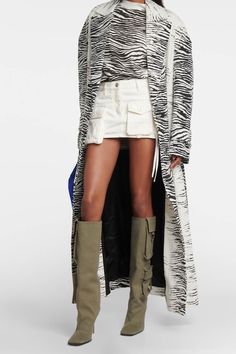 Faux leather upper Denim shaft One side flap pocket embellished Silver-tone hardware Below the knee length Pull on Square toe Stiletto heel Platform Heels Boots, Thigh High Boots Heels, Animal Print Shoes, The Attico, Platform Block Heels, Boots Knee, Hats For Sale, Mid Calf Boots, Thigh High Boots