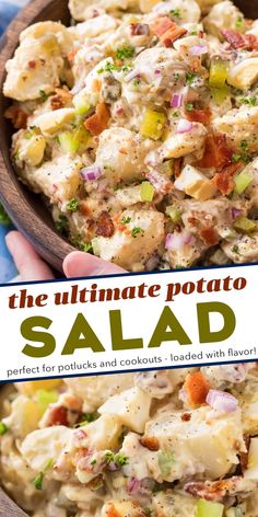 the ultimate potato salad recipe in a bowl with text overlay that reads, the ultimate potato salad