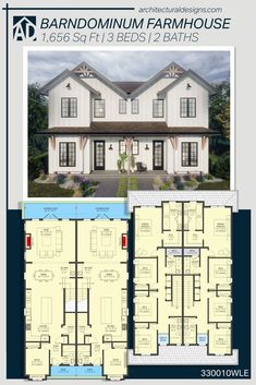 two story house plan with three floors and an open floor plan for the first level