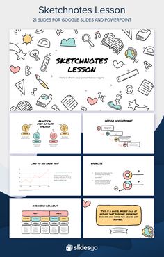 the presentation slider for sketch notes lesson is shown in three different sections, including one with