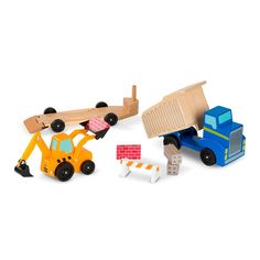 wooden construction vehicles and blocks on a white background