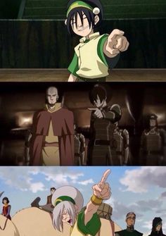 two different anime scenes with one pointing at the camera and another pointing to the right