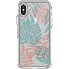 the back of an iphone case with tropical leaves on it in blue and pink colors