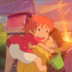 an anime scene with two people hugging and one is holding the other in her arms