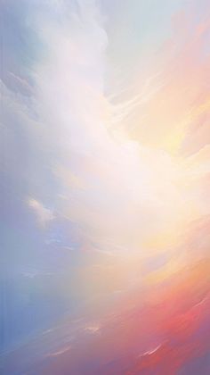 an abstract painting with white, blue and pink colors in the sky at sunset or sunrise