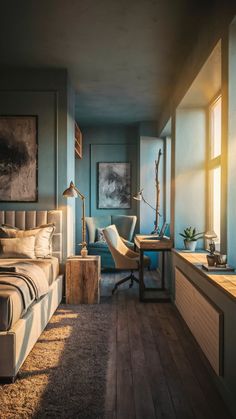 a bedroom with blue walls and wooden floors