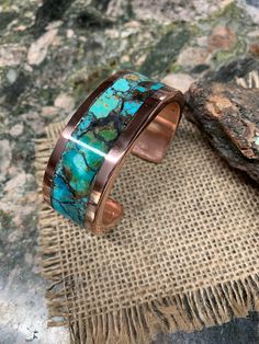 "* Heavy Copper Cuff Bracelet. Weight 6.75 oz for the 7\" Wrist. * 6.25 X 25 mm Thick and Wide. * Mixed Arizona Turquoise Inlay. * Polished and Waxed. * Round edges. Flat will be available by your request. * Custom order. Measure your whole wrist tightly on your wrist bone. Do not add or less on your measured one. It will be your wrist size. Wrong size ordered will be repaired and charges will be applied. * Each Turquoise Inlay is different with stone characters." Copper Jewelry Diy, Copper Cuff Bracelet, Arizona Turquoise, Cuff Rings, Leather Bracelets, Copper Rings, Jewelry Diy