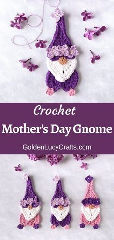 crochet mother's day gnome ornament is shown with purple flowers