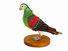 a colorful bird sitting on top of a wooden stand