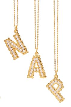 EXCLUSIVE AT NET-A-PORTER. It was written in the stars from an early age that Sophie Pacharee would have her own jewelry line - her father collected rare gemstones and she'd join him on trips around the world to help him discover them. Ideal for gifting, this 'Alphabet' necklace is cast from gold-plated silver and is dotted with tiny freshwater pearls, which will form the letter of your choice. Jewelry Mood Board, Alphabet Jewelry, Pearl Letters, Alphabet Necklace, Preppy Jewelry, Written In The Stars, Art Pics, Initial Necklaces, Letter Jewelry