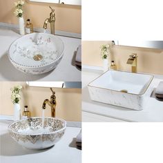 three pictures of bathroom sinks with gold faucets and white porcelain basines on the counter