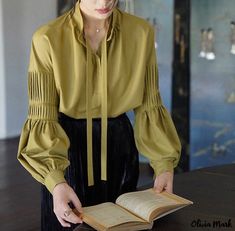 Olivia Mark - Button-Up Shirt with Stand Collar and Tie Detail, Loose Fit Bubble Sleeve Blouse Long Sleeve Loose Blouse, Mock Neck Blouse, Leisure Fashion, Bubble Sleeve, Sleeves Clothing, Loose Blouse, Elegant Shirt, Fashion Seasons, Sleeve Designs