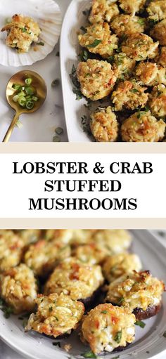 Lobster and Crab Stuffed Mushrooms Lobster Stuffed Portabella Mushrooms, Lobster Dumplings Recipe, Crab And Shrimp Stuffed Mushrooms, Crab Stuffed Mushroom Recipes, Lobster Stuffing, Mushrooms Dishes, Lobster Stuffed Mushrooms, Crab Stuffed Mushroom Caps, Mushroom Meals