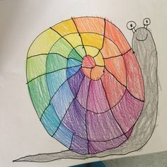 a child's drawing of a colorful snail