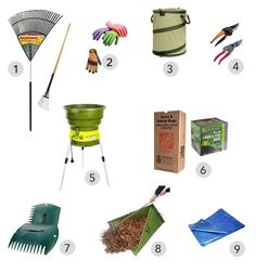 an assortment of garden tools and gardening supplies